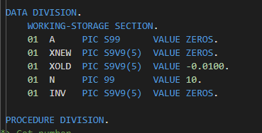 Un esempio di codice obsoleto in cobol. Qui, inizializziamo le variabili